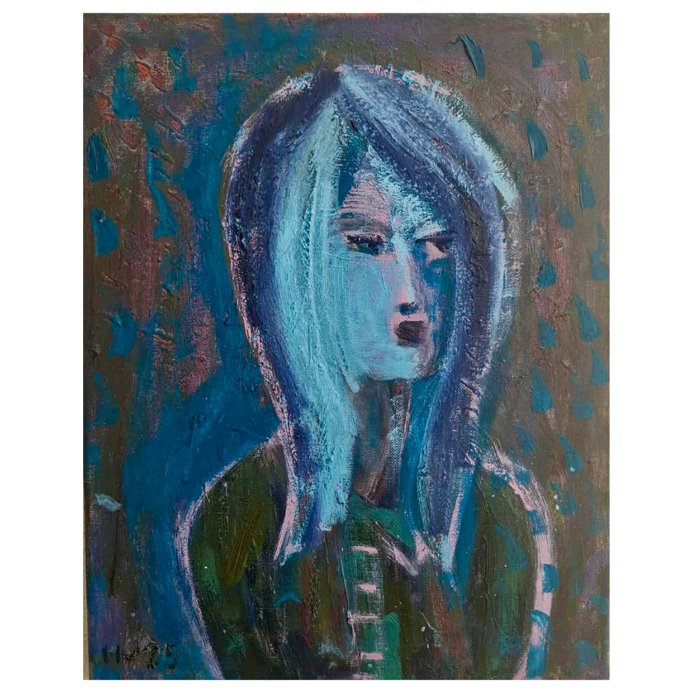 45 - Hulda Vilhjálmsdóttir, "Blátt ljós", Akrýlblek og olíupastel á grunnað líni, 50x40cm, 2025.