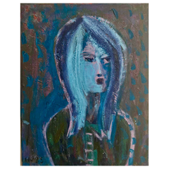 45 - Hulda Vilhjálmsdóttir, "Blátt ljós", Akrýlblek og olíupastel á grunnað líni, 50x40cm, 2025.