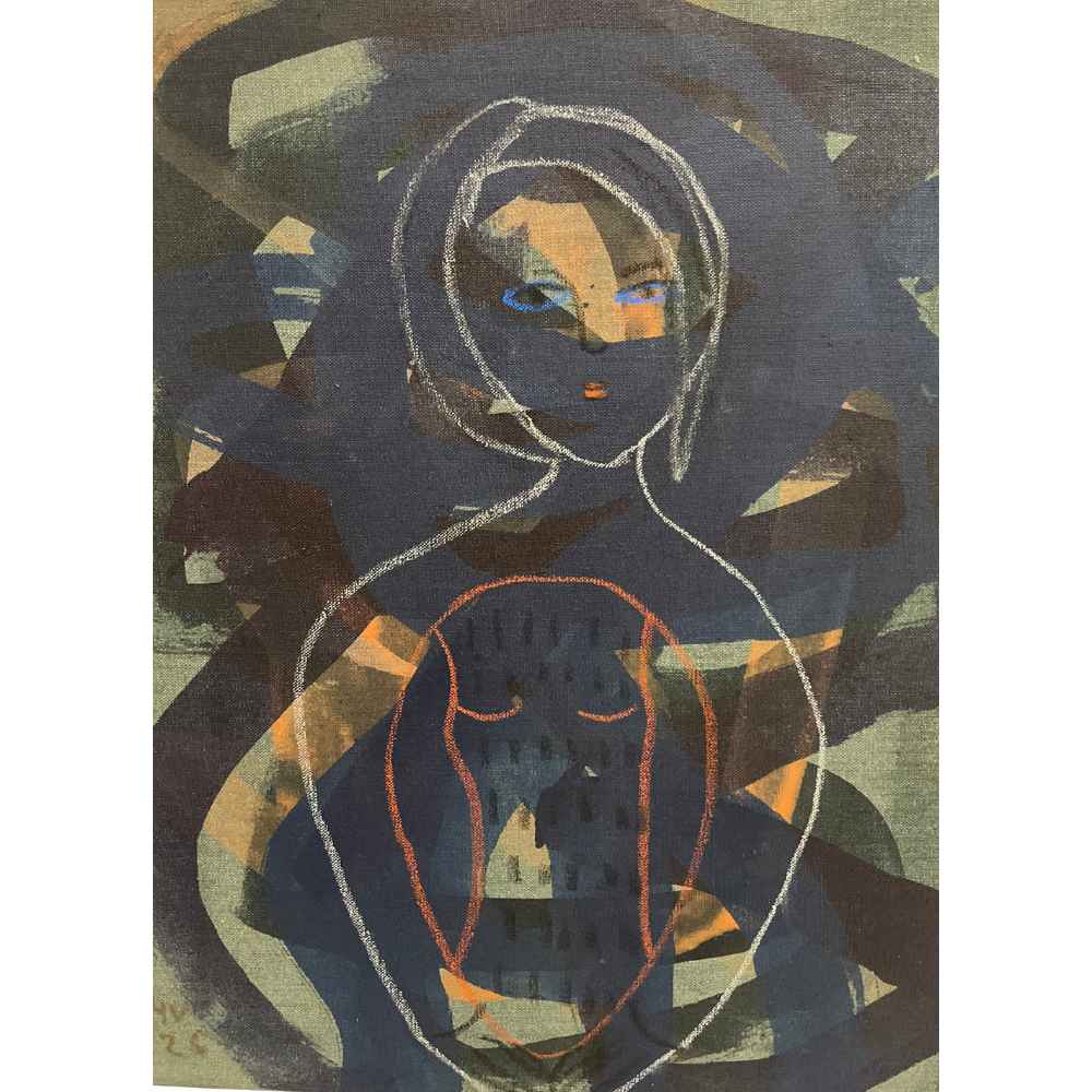 81 - Hulda Vilhjálmsdóttir, "Indigo Lady", Akrýlblek og olíupastel á grunnað líni, 60x45cm, 2025.
