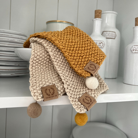 INTERIOR Kitchen Cloth Handknitted Organic Cotton Green  Beige Pompom 20x23cm