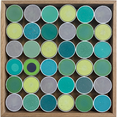 08 - Ásgeir Skúlason, "Cross section composition no. 66", Skornar golfkúlur í eikarumgjörð, 28x28cm, 2024.
