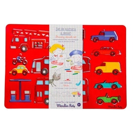 MOULIN ROTY Drawing Stencil Set Vehicles “Aujourd'hui c'est mercredi“