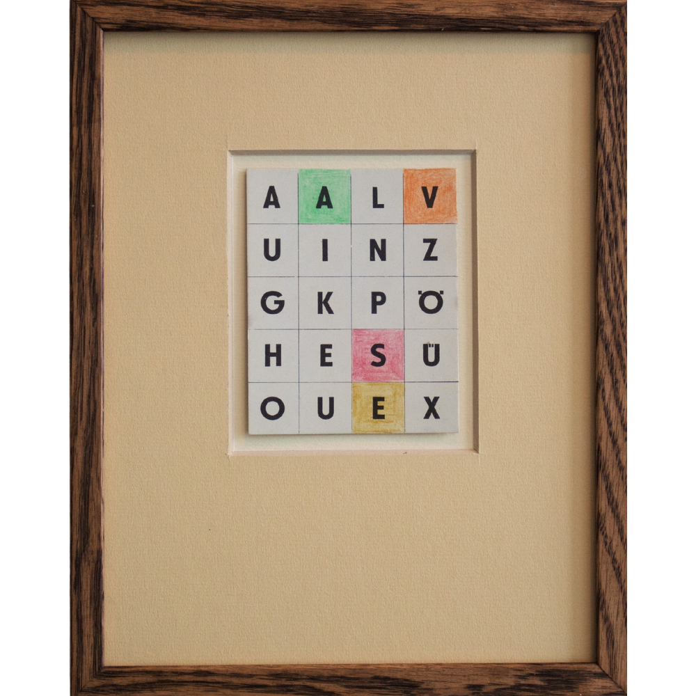 47 - Joe Keys, "Four Letters (SAVE)", Litaður blýantur á þykkan pappír í ramma listamannsins, 18x23cm, 2025.