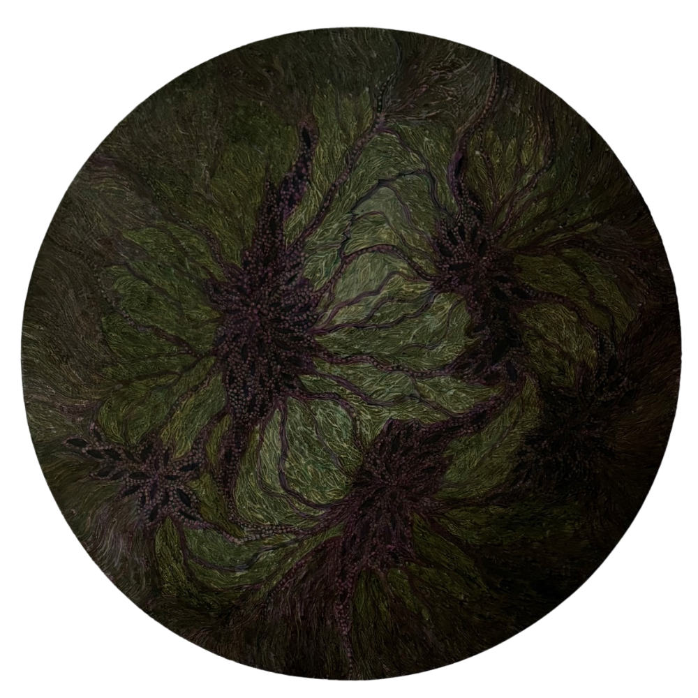 37 - Helga Sigríður Valdemarsdóttir, "Sigurkufl", Olía á tré, Ø35cm, 2025.