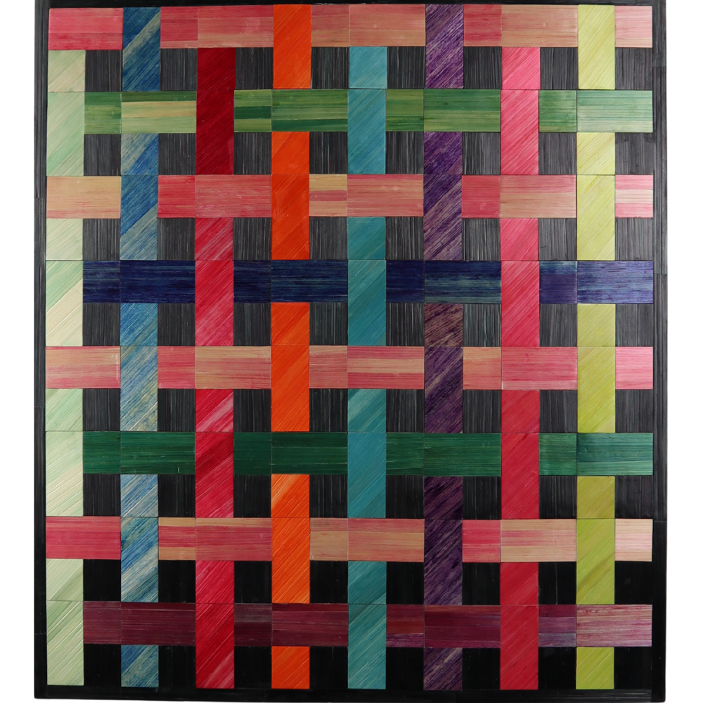 37 - Hanna Dís Whitehead, "Straw quilt weave", Fræstur krossviður, strálagður laserskorinn krossviður, hafrastrá - tínd og handlituð af listamanninum & lím, 54x48cm, 2025.