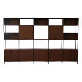 FURNIFIED Wall Cabinet Sarzeau 5 Compartments Black Legs Walnut 190x310cm