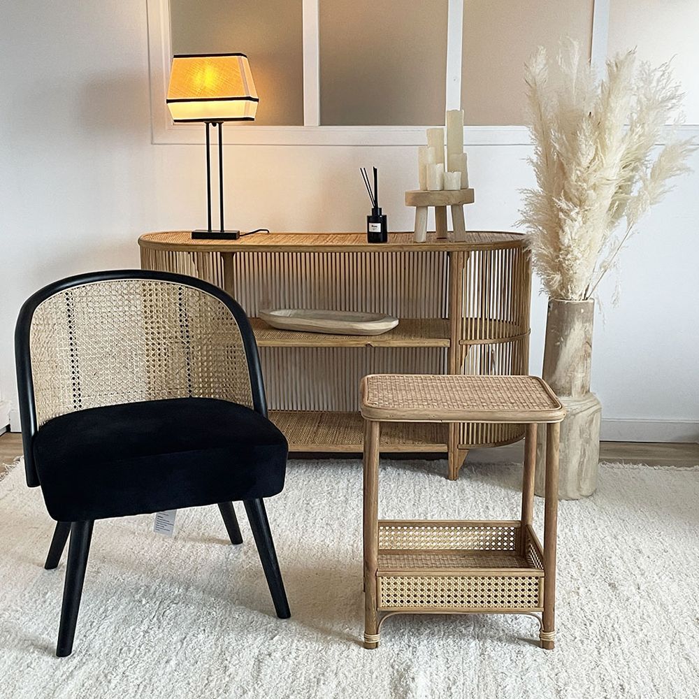 OPJET PARIS Bedside Table Juju 1 Drawer Wood & Cane Rattan 60cm ...