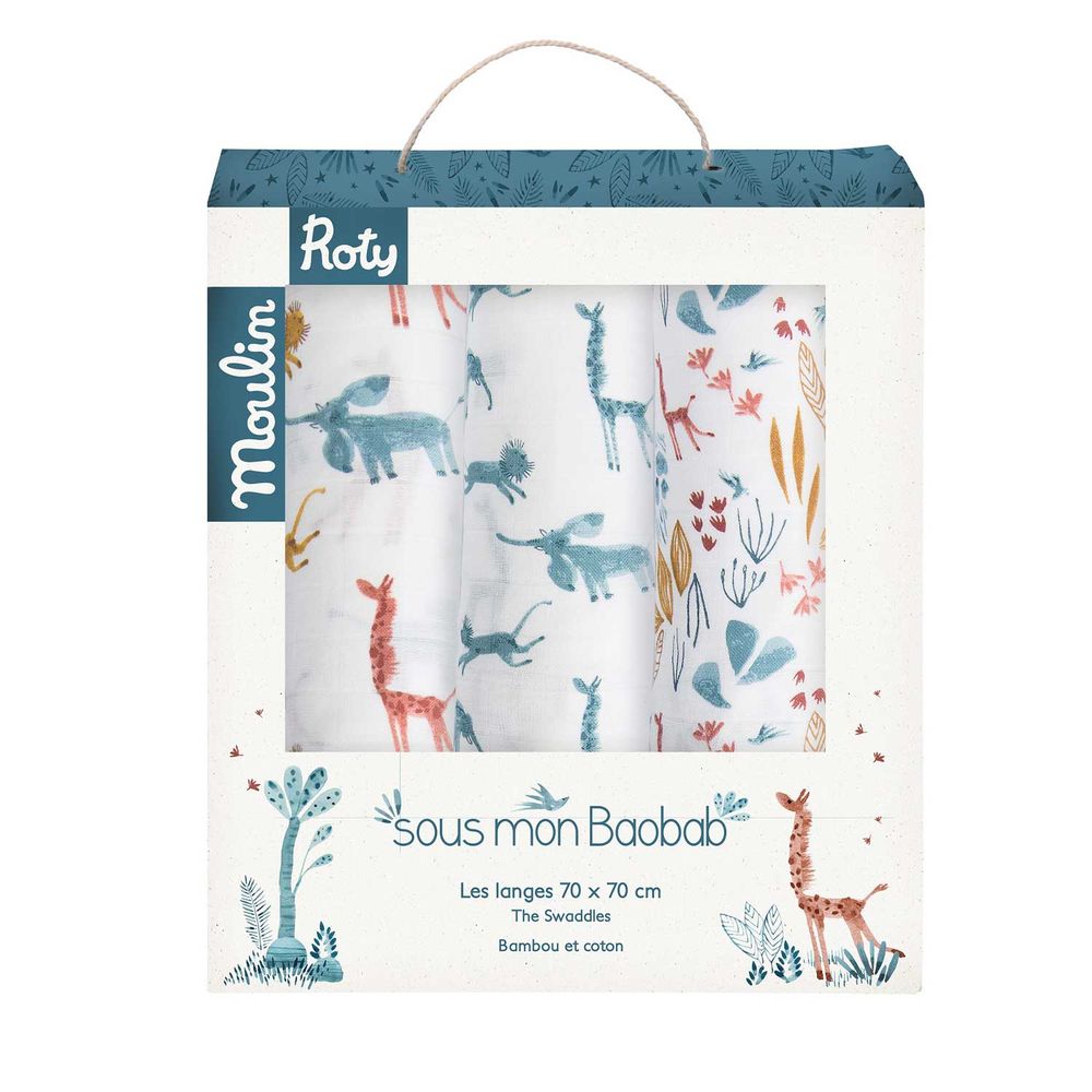 MOULIN ROTY Set of 3 Muslin Square 70x70cm “Sous mon baobab“