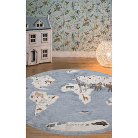 AFK LIVING Kids Rug World Map Washable Blue G Ø140cm