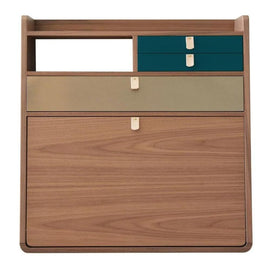 HARTO Desk Secretary Gaston Walnut Large Brushed Brass Drawer & 2 Petrol Blue Drawers 60cm