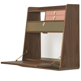 HARTO Desk Secretary Gaston Walnut Large Brushed Brass Drawer & 2 Pink Drawers 80cm