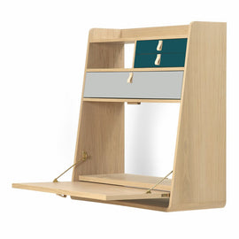 HARTO Desk Secretary Gaston Oak Large Light Grey Drawer & 2 Blue Drawers 60cm