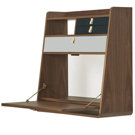 HARTO Desk Secretary Gaston Walnut Large Light Grey Drawer & 2 Slate Grey Drawers 60cm