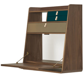 HARTO Desk Secretary Gaston Walnut Large Brushed Brass Drawer & 2 Petrol Blue Drawers 60cm